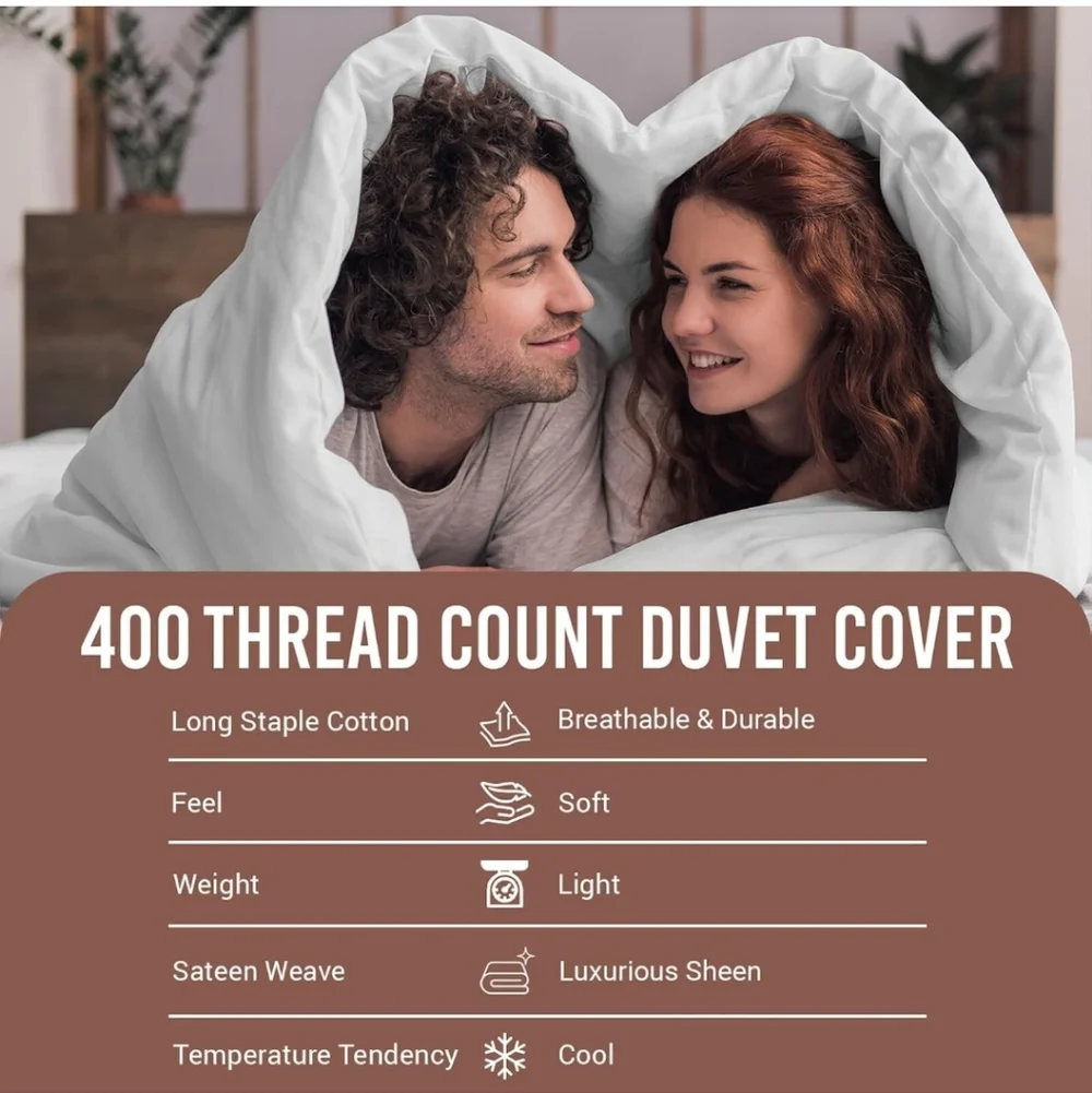 Pizuna Pure 100% Cotton King Duvet Cover with Shams, Luxurious 400 Thread Count
